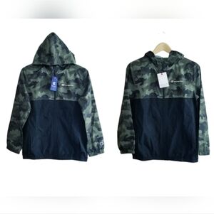 Champion Boy's Green Camo and Black Hooded Windbreaker Jacket NWT